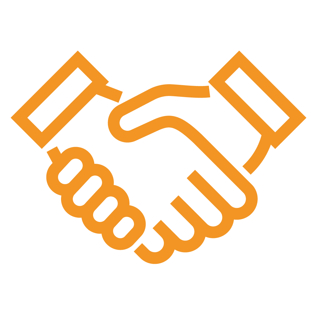 Yellow icon of two hands shaking, representing a good client relationship with a scaffolding rental services company.