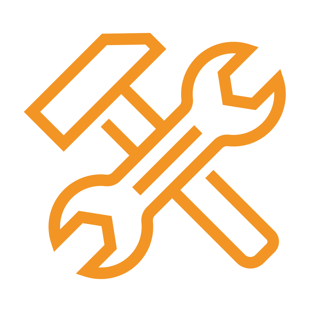 Yellow icon of a hammer and wrench, representing the full-service care that a scaffolding rental services company provides.